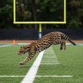 An ocelot (*Leopardus pardalis*) is leaping over painted white lines on an artificial turf Royalty Free Stock Photo