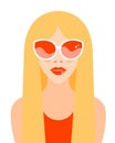 Portrait of a blonde girl in sunglasses with long hair and bright red lips. Glasses reflect waves.