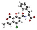 Ochratoxin A mycotoxin molecule. 3D rendering. Atoms are represented as spheres with conventional color coding: hydrogen (white),