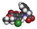 Ochratoxin A mycotoxin molecule. 3D rendering. Atoms are represented as spheres with conventional color coding: hydrogen (white), Royalty Free Stock Photo