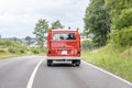 Ochtendung Germany 25.05.2019 VW T1 fire engine red firefigther car Oldtimer classic car drivin on the Road