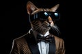 Ocicat In Suit And Virtual Reality On Black Background Royalty Free Stock Photo