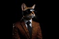 Ocicat In Suit And Virtual Reality On Black Background Royalty Free Stock Photo