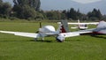 Ocova, Slovakia - August 2, 2014: Pilot check his small sport airplane before takeing off and prepares for the flight