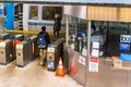 Oct 16, 2019 Millbrae / CA / USA - People accessing and boarding a BART train; Bay Area Rapid Transit BART is a rapid transit Royalty Free Stock Photo