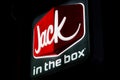 Oct 20, 2019 Redwood City / CA / USA - Night view of Jack in the box sign at one of their locations in South San Francisco bay Royalty Free Stock Photo