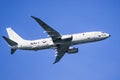 Oct 12, 2019 San Francisco / CA / USA - Close up of Boeing P-8 Poseidon US Navy aircraft in mid-flight; San Francisco Fleet Week Royalty Free Stock Photo