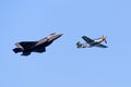 Oct 12, 2019 San Francisco / CA / USA - Close up of F-35 Fighter Jet flying next to P-51D North American Mustang