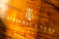 Oct 26, 2019 San Francisco / CA / USA - Steinway & Sons logo and symbol displated on a concert piano; Steinway & Sons is an