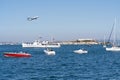 Oct 12, 2019 San Francisco / CA / USA - United Airlines aircraft flying over the bay and Alcatraz Island during the 39th Fleet Royalty Free Stock Photo