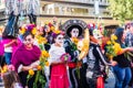 Oct 20, 2019 San Jose / CA / USA - Participants at Dia de Los Muertos Day of the Dead procession wearing sugar-skull make-up; Royalty Free Stock Photo