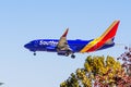 Oct 9, 2019 San Jose / CA / USA - Southwest Airlines aircraft approaching Norman Y. Mineta San Jose International Airport and Royalty Free Stock Photo