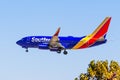Oct 9, 2019 San Jose / CA / USA - Southwest Airlines aircraft approaching Norman Y. Mineta San Jose International Airport and Royalty Free Stock Photo