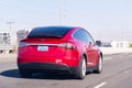 Oct 27, 2019 San Jose / CA / USA - Tesla Model X travelling on the freeway in Silicon Valley; South San Francisco bay area Royalty Free Stock Photo