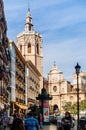 Front entrance and bell tower of Torre del Micalet at Valencia cathedral. Spain
