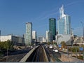 View from Neuilly bridge `Pont de Neuilly` to La DÃÂ©fense towers and skyline - Paris, France