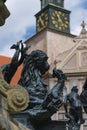 Octagonal courtyard of Munich Residenz. Fountain with bronze sculptures