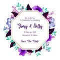 Octagonal purple floral frame wedding invitation card with watercolor style vector illustration