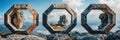 Octagonal stone frames with scenic mountain and ocean view.