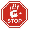 Octagonal stop sign, red stop sign with hand palm print