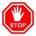 Octagonal stop sign with a white hand on a red background, movement is prohibited.