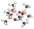 Octamethylcyclotetrasiloxane (D4 silicone) molecule. 3D rendering. Atoms are represented as spheres with conventional color coding