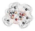 Octamethylcyclotetrasiloxane (D4 silicone) molecule. 3D rendering. Atoms are represented as spheres with conventional color coding