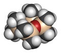 Octamethylcyclotetrasiloxane (D4 silicone) molecule. 3D rendering. Atoms are represented as spheres with conventional color coding