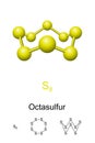 Octasulfur, S8, ball-and-stick model, molecular and chemical formula