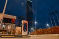 October 20, 2022 Astana, Kazakhstan: Empty Tesla electric car charging station against the backdrop of the city at night Royalty Free Stock Photo