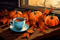 October autumn pumpkins fall hot coffee orange wooden seasonal drink cup background cozy Royalty Free Stock Photo