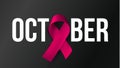 October awareness month symbol. Breast Cancer baner. Pink ribbon with white text on black background. Vector