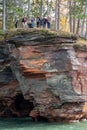 October 19, 2019 - Bayfield, Wisconsin: A group of happy hikers explore the trails in the Apsotle Islands National Lakeshore from