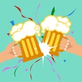October Beer Festival. Two hands holding beer mugs. Vector Royalty Free Stock Photo