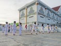 october 30 2021, Bontang, East kalimantan, Indonesia children in white clothes are practicing self-defense