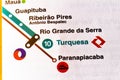October 4, 2020, Brazil. Detail of a map showing Linha 10 Turquesa of the MetrÃÂ´ de SÃÂ£o Paulo