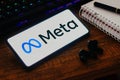 October 23, 2023, Brazil. In this photo illustration, the Meta Platforms logo is displayed on a smartphone screen