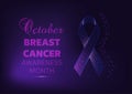 October - breast cancer awareness month campaign banner template with glowing ribbon on dark blue background. Royalty Free Stock Photo
