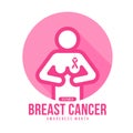 October - Breast cancer awareness month - Pink human holding hands on breast and attach the pink ribbon awareness on the chest in