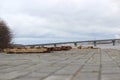 October bridge in the city of Cherepovets, Vologda Oblast, against the backdrop of a cloudy autumn sky Royalty Free Stock Photo