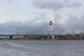 October bridge in the city of Cherepovets, Vologda Oblast, against the backdrop of a cloudy autumn sky Royalty Free Stock Photo