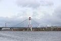 October bridge in the city of Cherepovets, Vologda Oblast, against the backdrop of a cloudy autumn sky Royalty Free Stock Photo