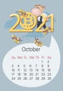 October 2021. Bullish calendar. Autumn month. Business bull with bitcoin. Year of the Ox