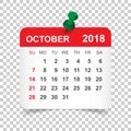 October 2018 calendar. Calendar sticker design template. Week st
