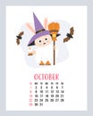 October 2023 calendar. Cute bunny Halloween ghost in witch hat, with broom, candle and bats. Vector illustration