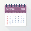 October 2022 Calendar Leaf. Calendar 2022 in flat style. Vector illustration. Royalty Free Stock Photo