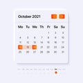 2021 October Calendar. Neumorphism UI Concept for mobile and web application. Material Design. Human Interface