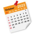 October 2022 calendar. Orange page. Red drawing pin. Wall art design. Simple icon. Vector illustration. Stock image. Royalty Free Stock Photo