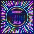 2019. October Calendar page in neon effect style poster for concept typography design, flat color. Week starts on Sunday Happy New