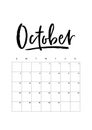 October. Calendar planner 2019, week starts on Sunday. Part of sets of 12 months Vector template print A4 ink hand drawn lettering Royalty Free Stock Photo